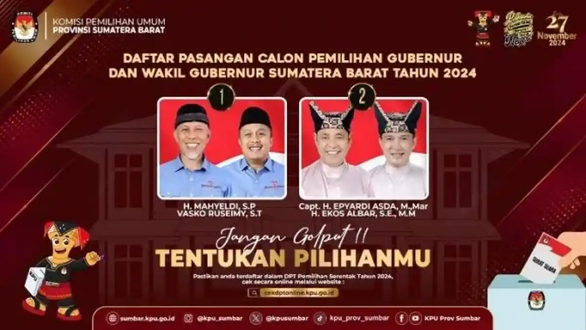 Hasil Survei Elektabilitas Pilkada Sumbar 2024 Terbaru, Cagub Mahyeldi vs Epyardi Siapa Terkuat?