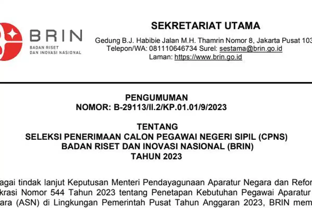 Link PDF Formasi CPNS BRIN 2023, Masih Sepi Peminat, Jumlah Pelamar Baru 112 Orang dari 500 Formasi
