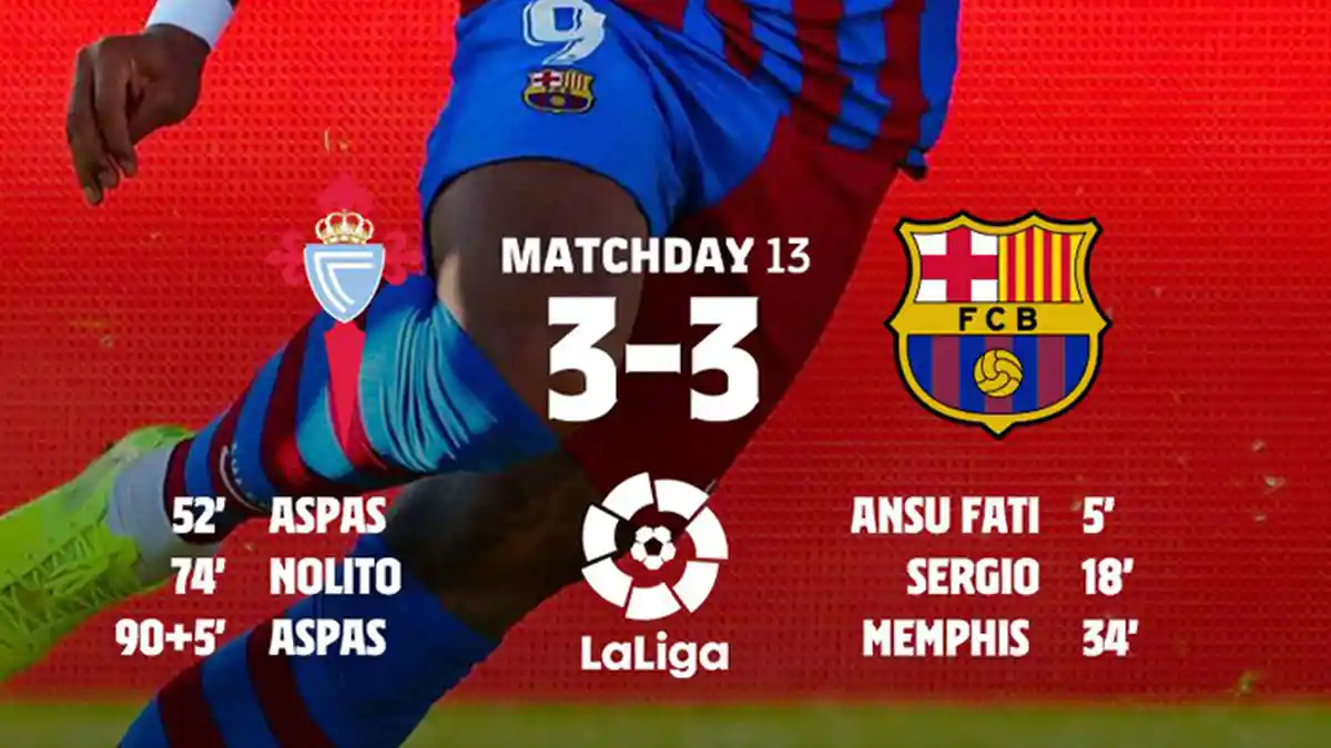 Hasil Celta Vigo vs Barcelona, Sempat Unggul 3-0 Barcelona Imbang, Iago Aspas Cetak 2 Gol