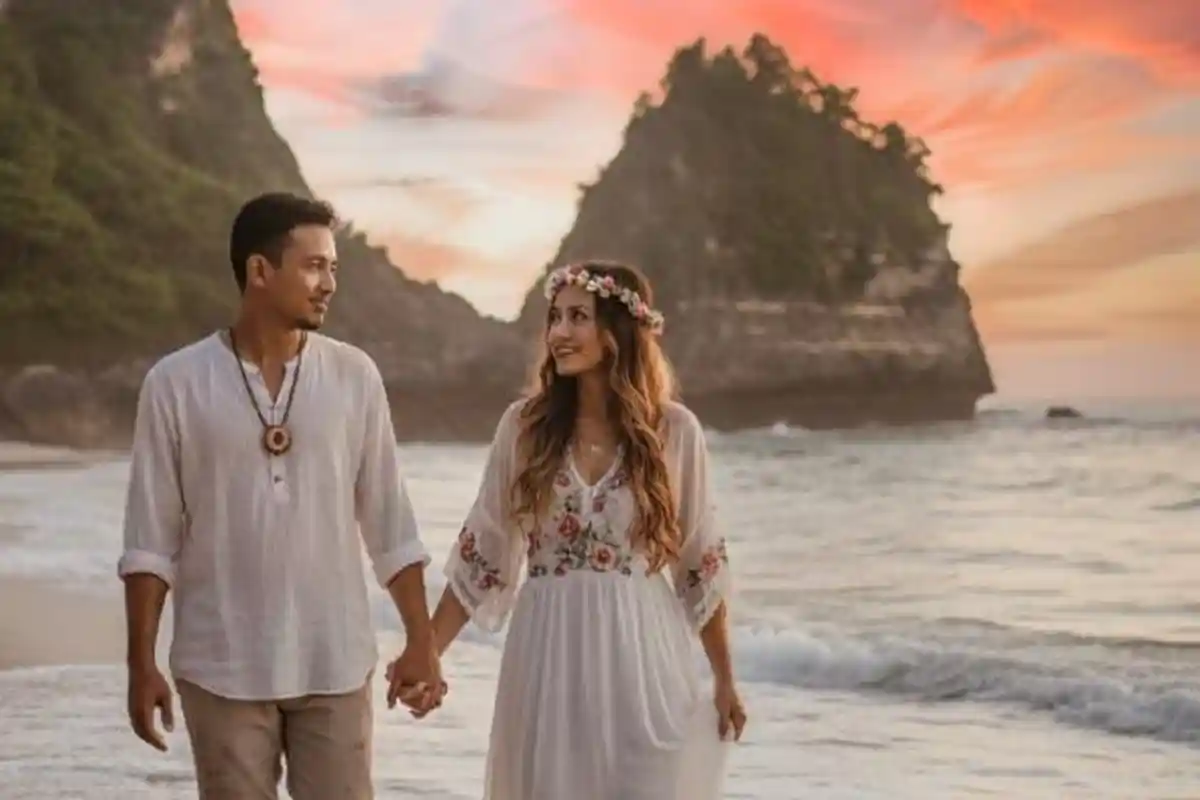 Foto Prewedding Romantis di Pantai Tapi Sambil Rebahan, Modal Foto Pribadi, Pakai Prompt Gemini AI