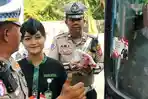 Indahnya Kemerdekaan, Pramugari Trans Jatim Pun Tersenyum Dapat Bendera Merah Putih Dari Polisi