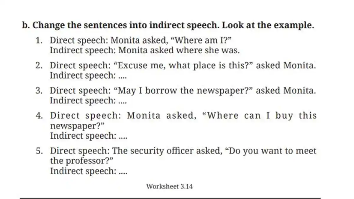 Kunci Jawaban Bahasa Inggris SMP Kelas 9 Kurikulum Merdeka Halaman 176 Worksheet 3.14: Direct Speech