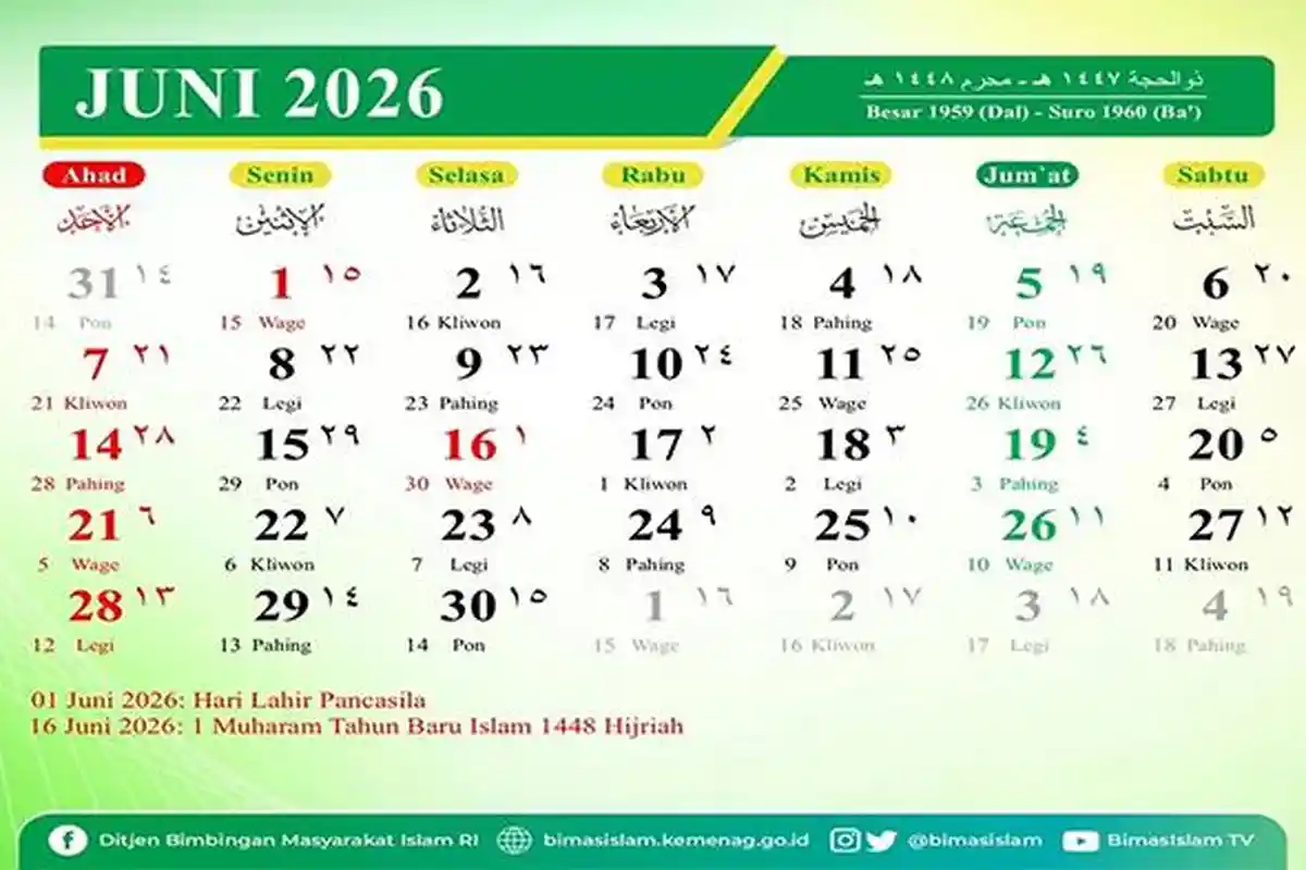 KALENDER Juni 2026 Lengkap dengan Tanggal Merah, Penanggalan Hijriah dan Jawa
