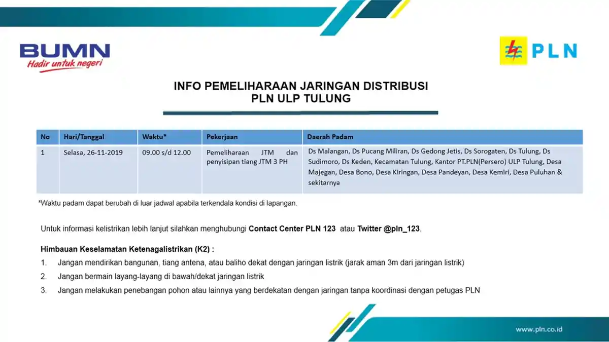 Info Pemeliharaan Jaringan Listrik PLN ULP Tulung Klaten Hari Ini, Selasa 26 November 2019