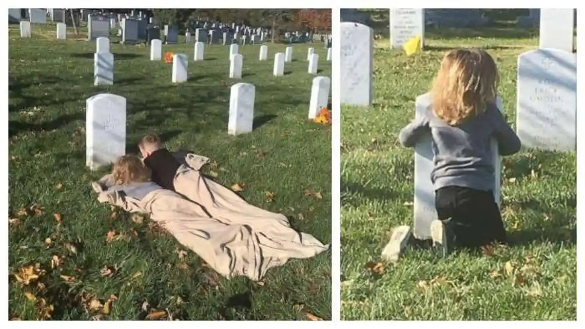 Viral, Dua Bocah yang Peluk Nisan dan Tidur di Makam Ayahnya
