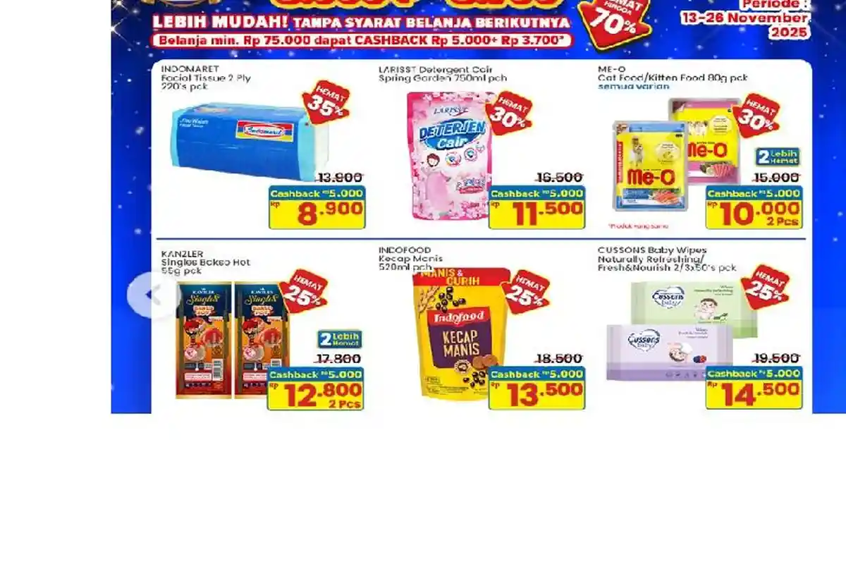 Katalog Promo Indomaret 19 November :Extra Cashback Rp5 Ribu, Migor Indomaret 2L Rp33.500