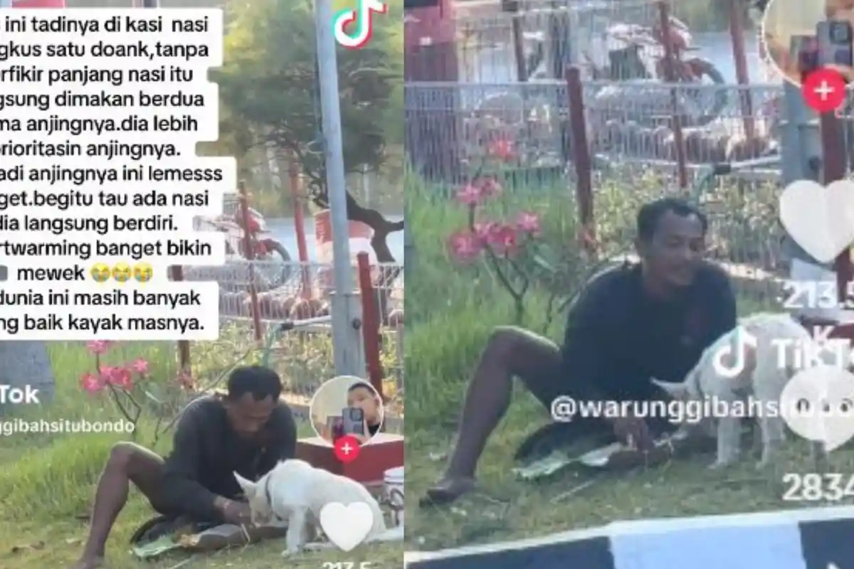 Buat Terenyuh, Pria Makan Nasi Bungkus Berdua dengan Anjingnya, Jalan Kaki dari Madiun ke Bali