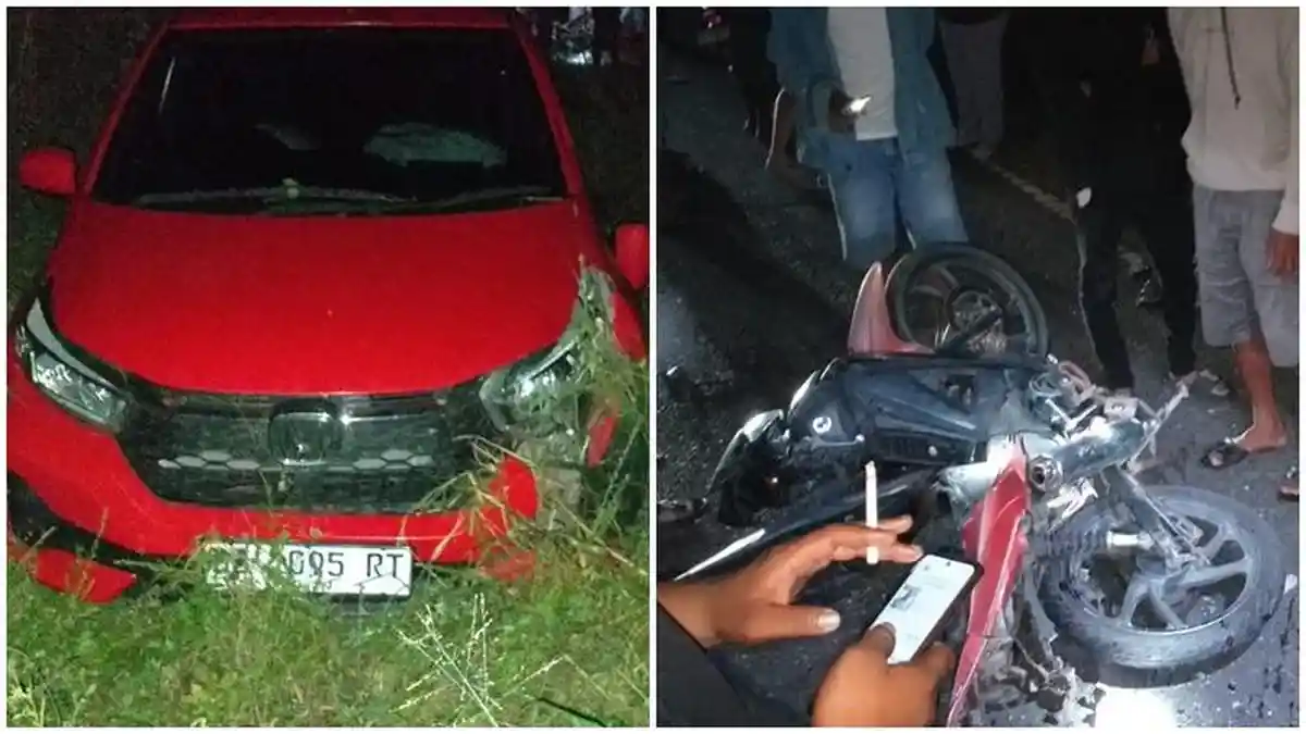 Pengendara Diduga Mabuk, Mobil Brio Tabrak Motor saat Melambung, Saksi: Dalam Mobil Ada 1 Dus Bir