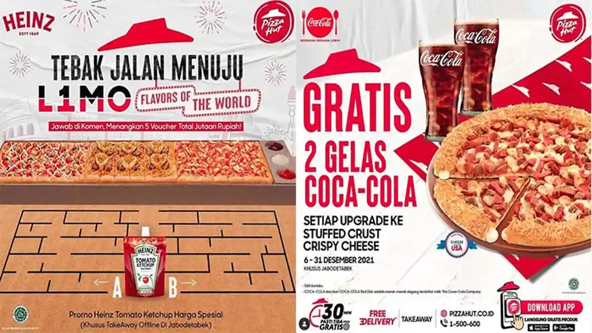 PROMO PIZZA HUT 11 Desember 2021, L1MO Pizza & Stuffed Crust Crispy Cheese Gratis 2 Gelas Coca-cola