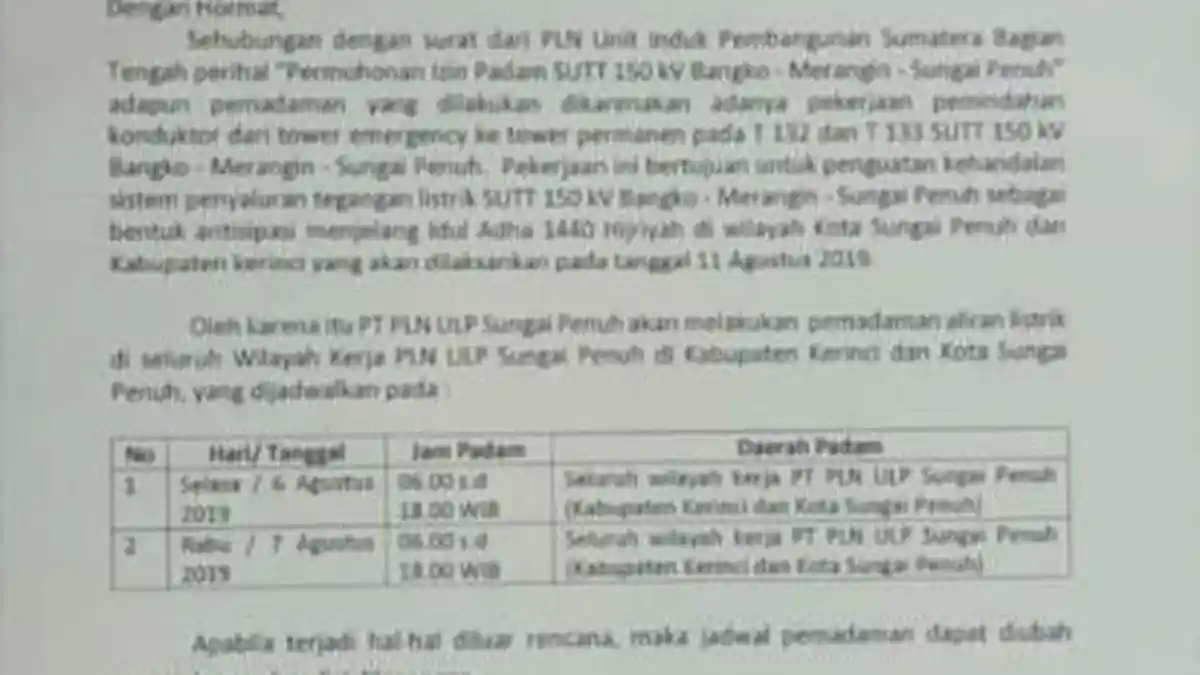 Pengumuman, Mulai Selasa Besok, PLN Padamkan Listrik di Kerinci dan Kota Sungai Penuh Selama 2 Hari