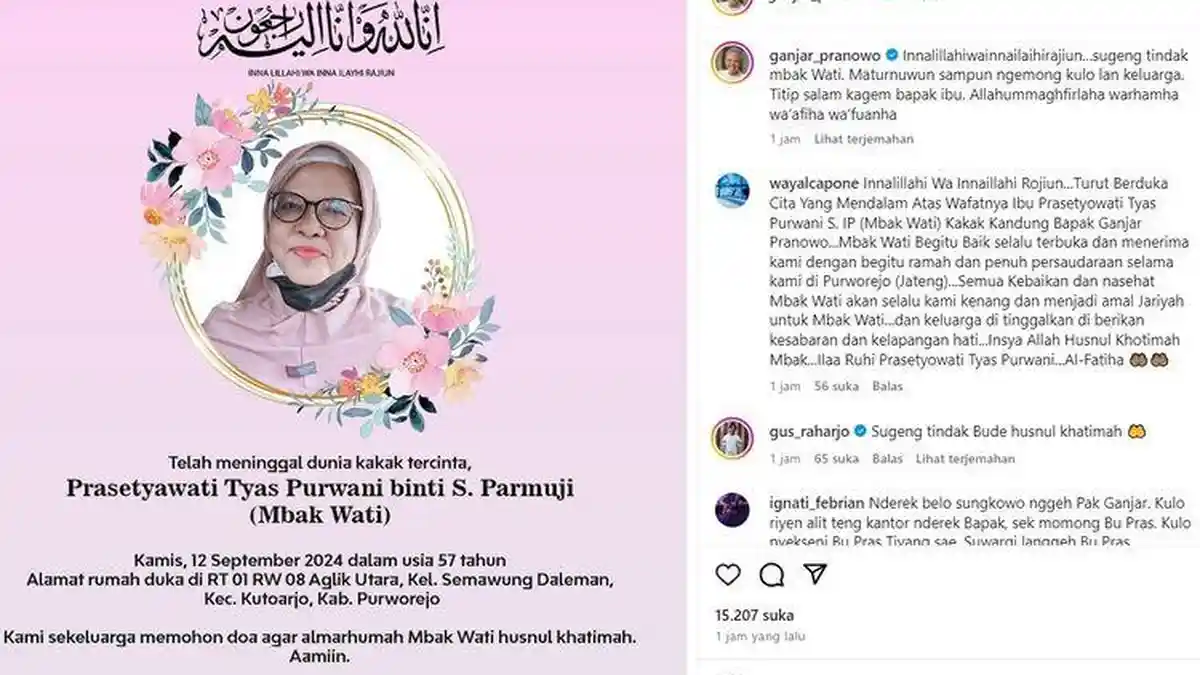 "Innalillahi, Sugeng Tindak Mbak Wati" Kakak Ganjar Pranowo Meninggal