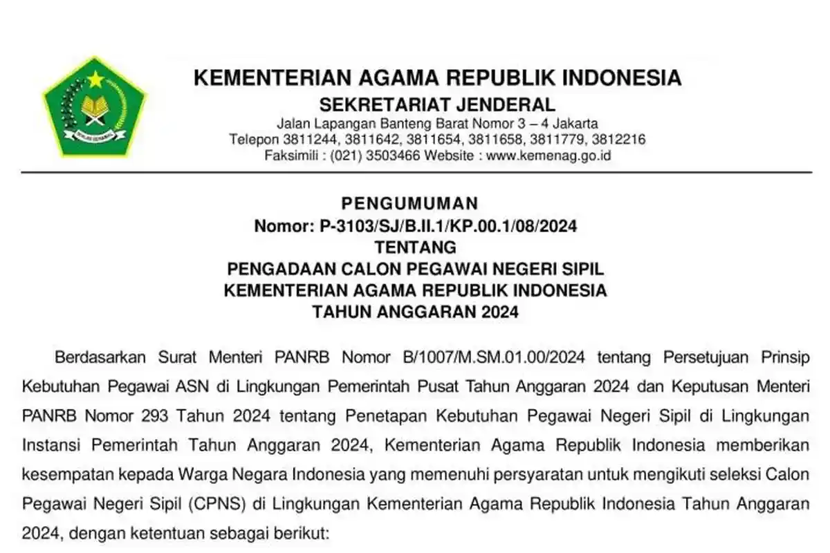 Link Download PDF Rincian 20.722 Formasi CPNS 2024 Kemenag sscasn.bkn.go.id