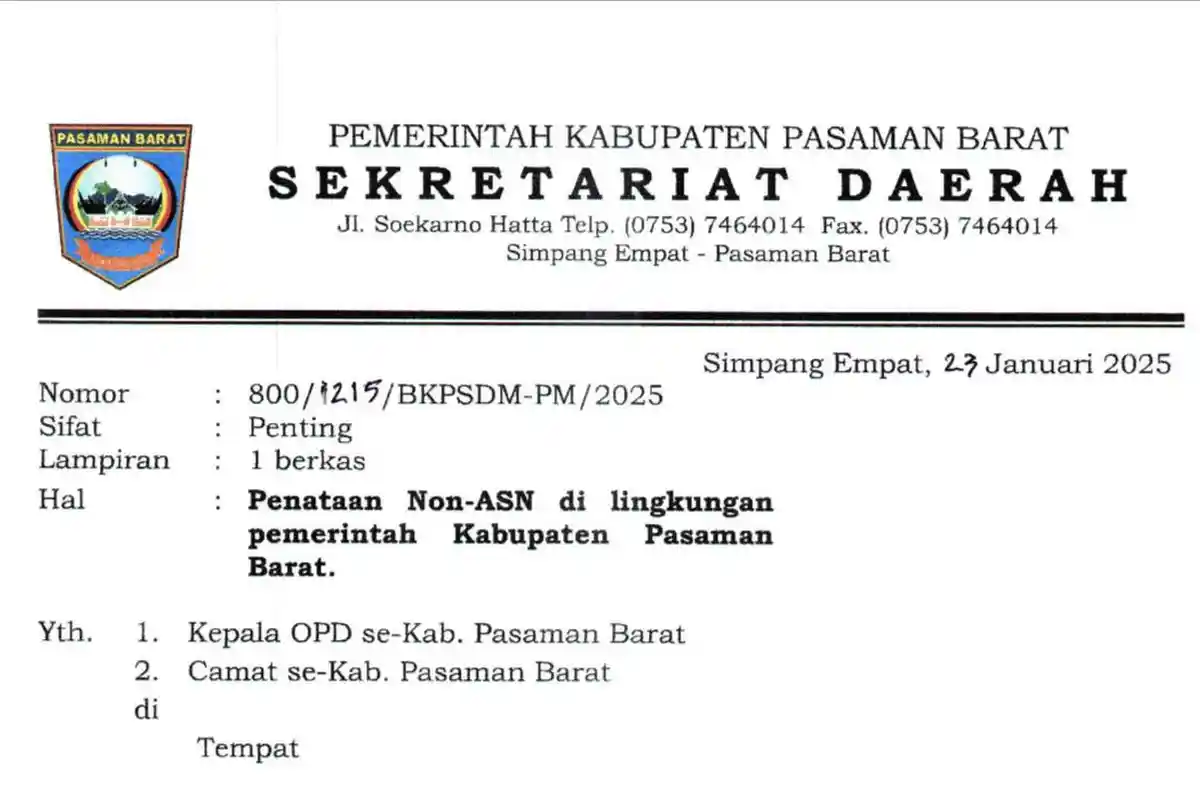 Pemkab Pasaman Barat Keluarkan Edaran Penataan Pegawai Non ASN, Berikut Dampaknya