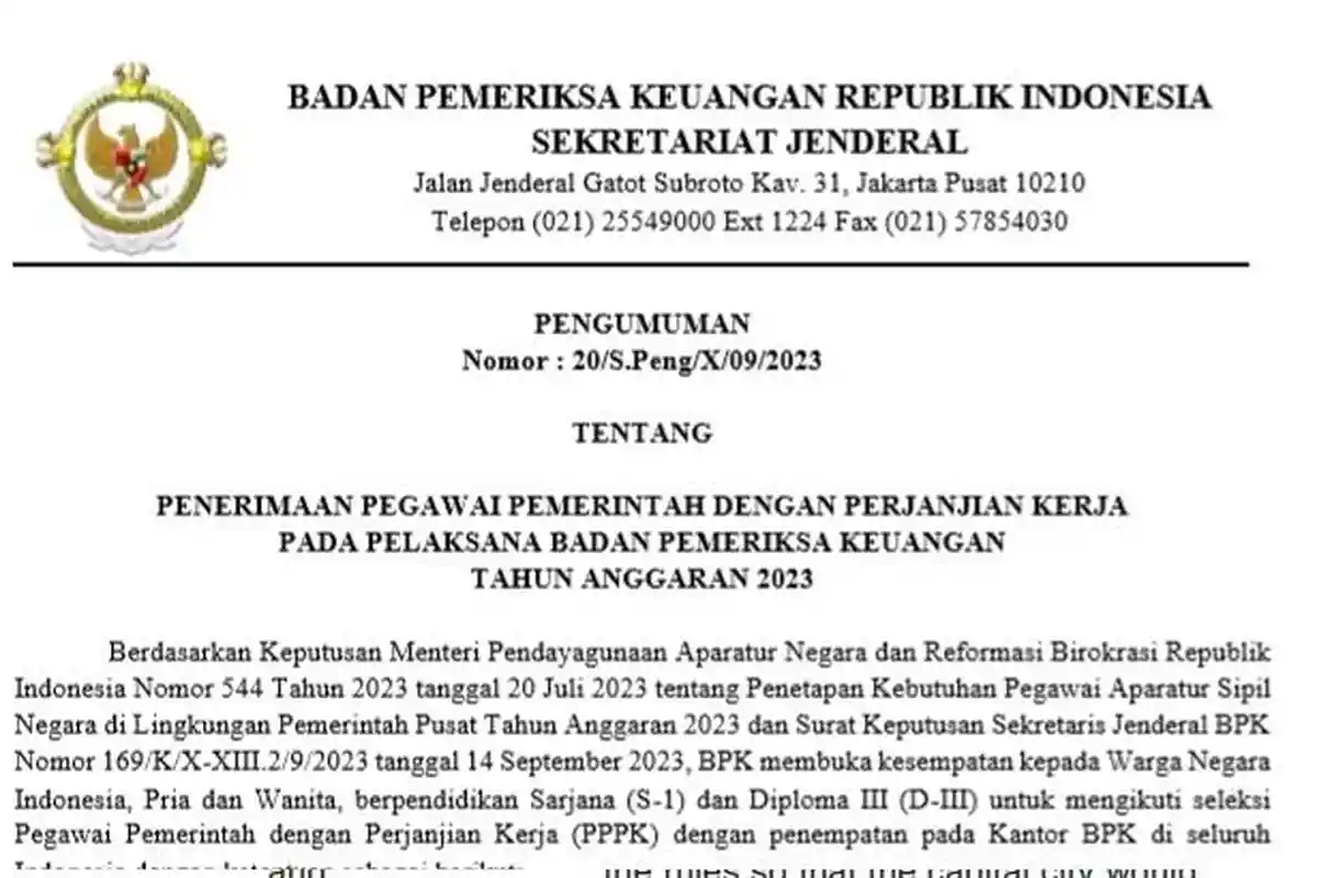 Link PDF Formasi PPPK BPK 2023, Lengkap dengan Persyaratannya