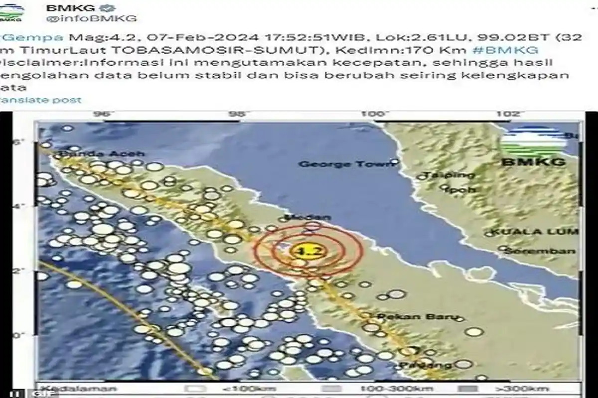 Gempa Hari Ini Rabu 7 Februari 2024 Getarkan Toba Samosir Sumut, Bermagnitudo 4.2