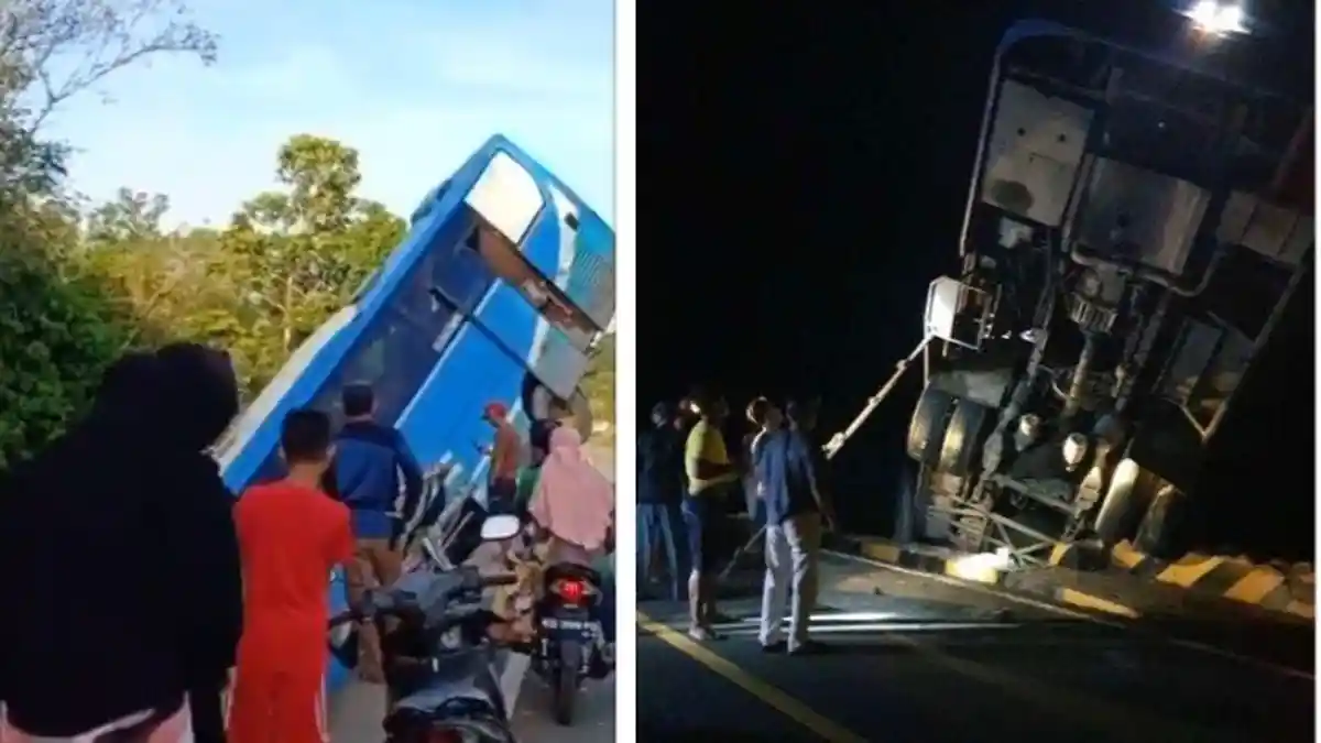 Kecelakaan Bus Damri Terperosok Hampir Terbalik di Kapuas Hulu