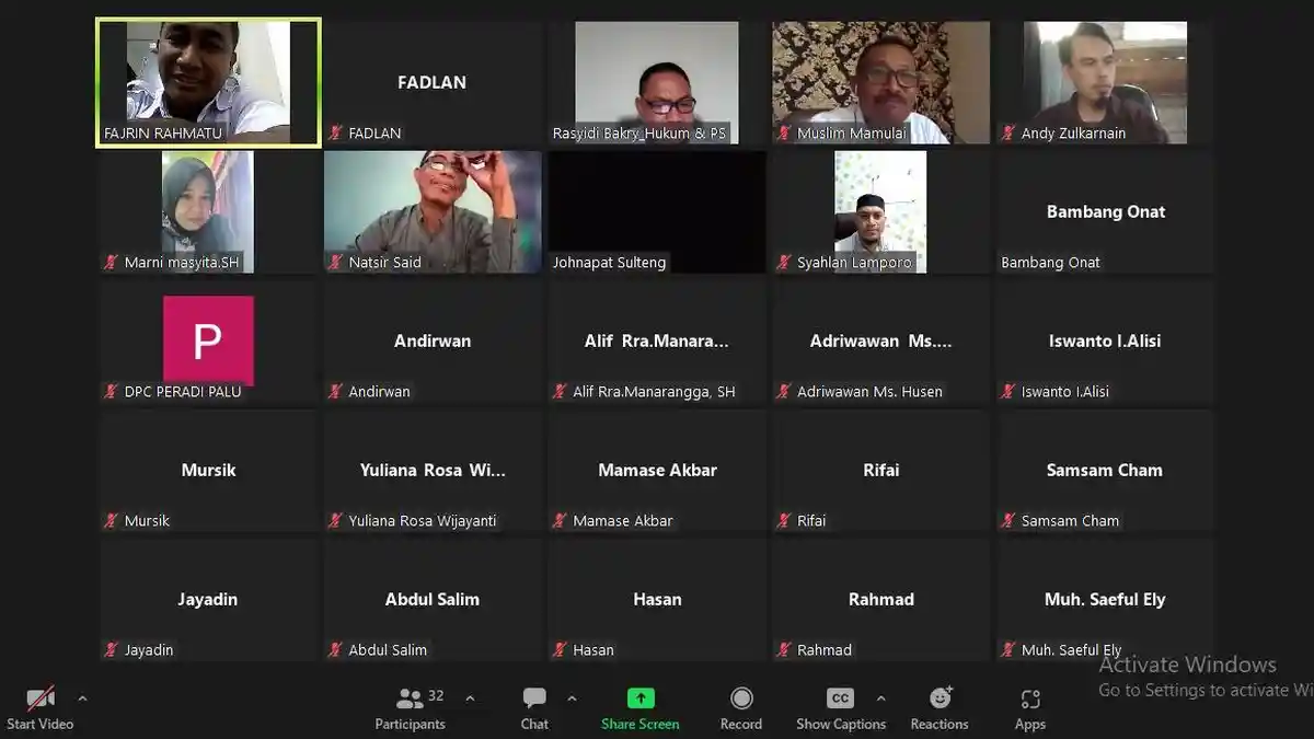 Berlangsung Online, Bawaslu Sulteng Ajak Peradi Palu Diskusi Penyelesaian Sengketa Proses Pemilu