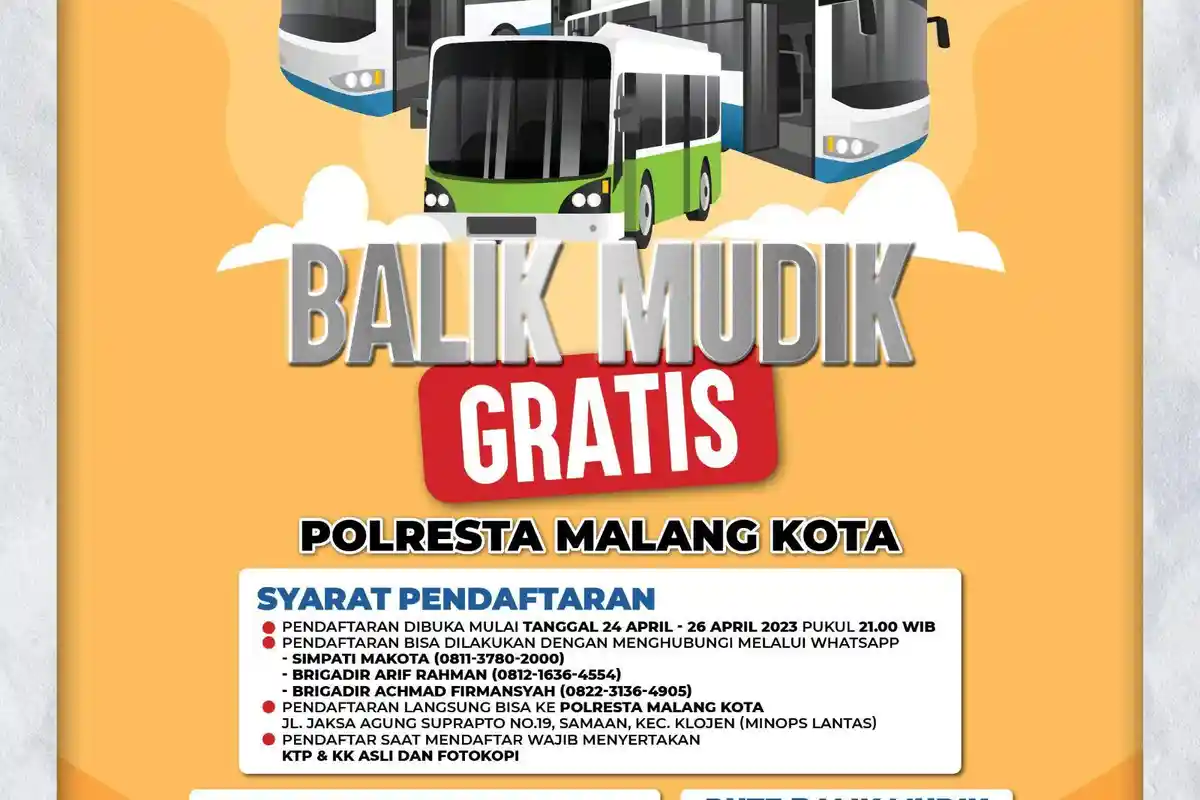 Program Balik Mudik Gratis Polresta Malang, Tujuan ke Jakarta & Semarang, ini Jadwal Pendaftaran