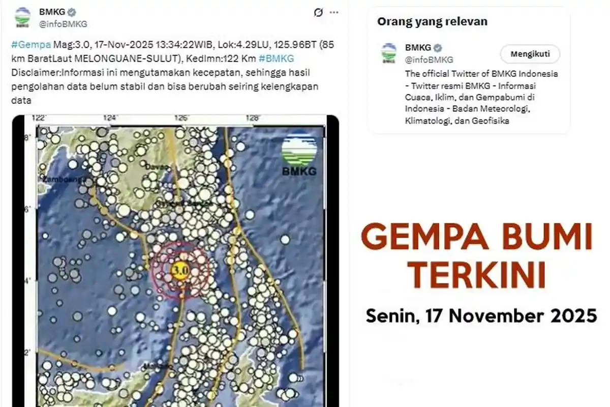 Gempa Bumi di Sulut Siang Ini Senin 17 November 2025, Berikut Info BMKG