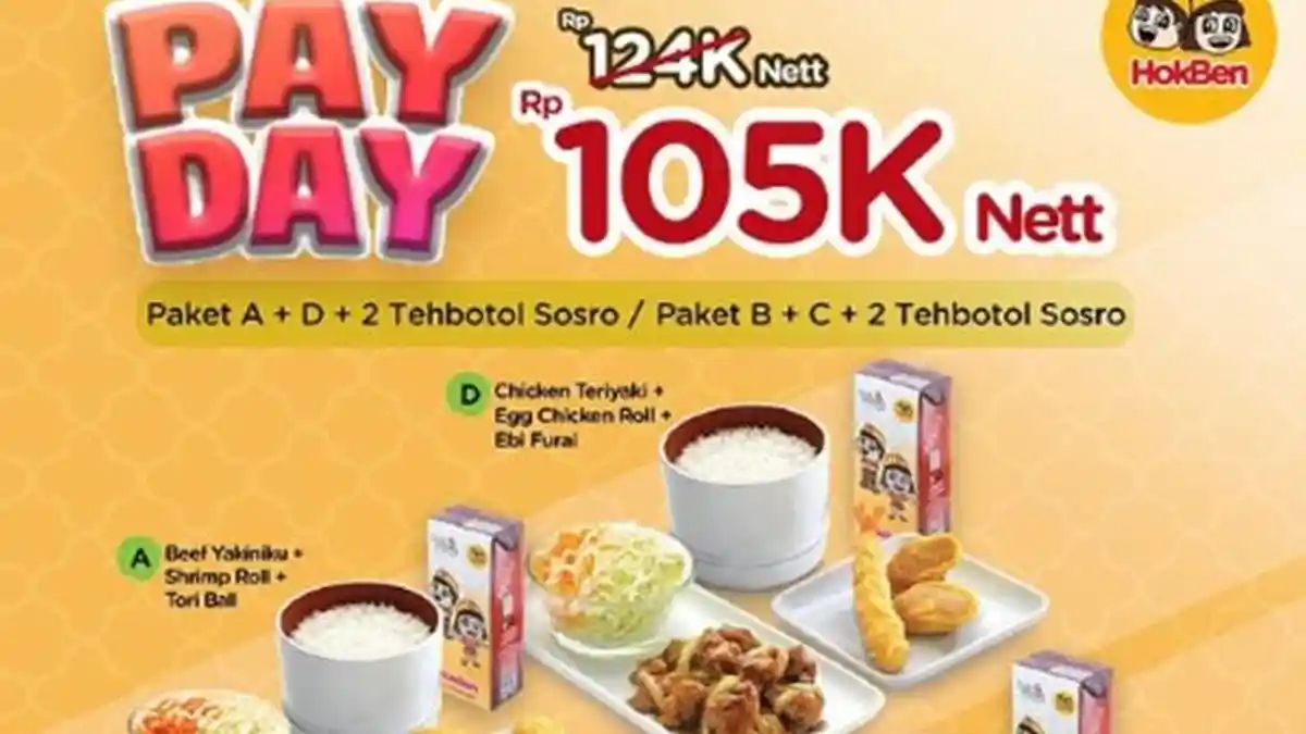 PAY DAY! Promo HokBen Hari Ini 26 Oktober 2023 Chiken Teriyaki + Egg Chiken Roll + Ebi Rp105 Ribuan