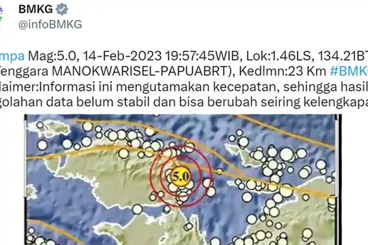 Gempa Terkini di Indonesia, M 5.0 Guncang Papua Barat, Getaran Terasa di Manokwari Selatan