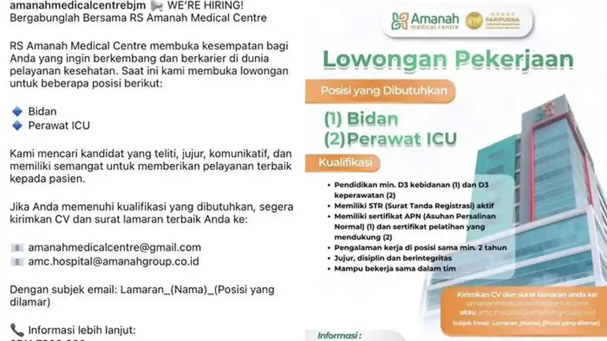 Lowongan Kerja RS Amanah Medical Centre Banjarmasin, Dicari Bidan dan Perawat ICU, Miniml D3 - Banjarmasinpost.co.id