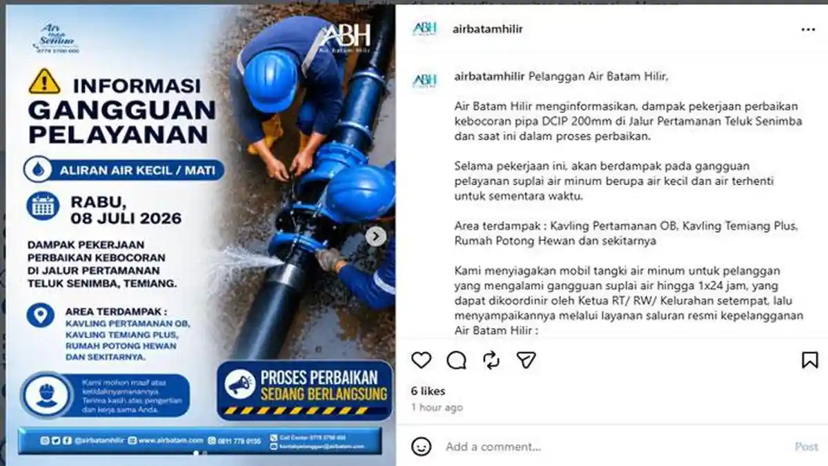 Lokasi Mati Air di Batam Hari Ini Rabu 8 Juli 2026 Sasar Tanjung Riau, Ada Kebocoran Pipa - Tribunbatam.id