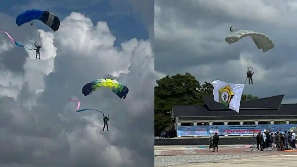 18 Penerjun TNI AU Bawa 4 Bendera pada Puncak HUT ke-62 Sulawesi Tenggara, Libatkan 3 Perempuan