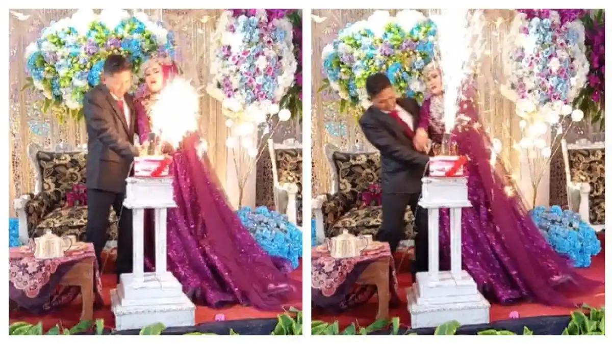 VIRAL Momen Pengantin Wanita Kabur dari Pelaminan Usai Potong Kue, Ternyata Kaget Karena Kembang Api