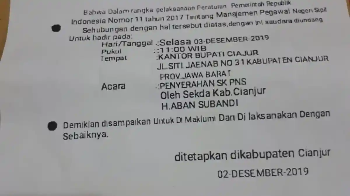 Seorang Ibu Tertipu SK CPNS, Sudah Berikan Uang dan Diminta Oknum Datang ke Sekda Cianjur