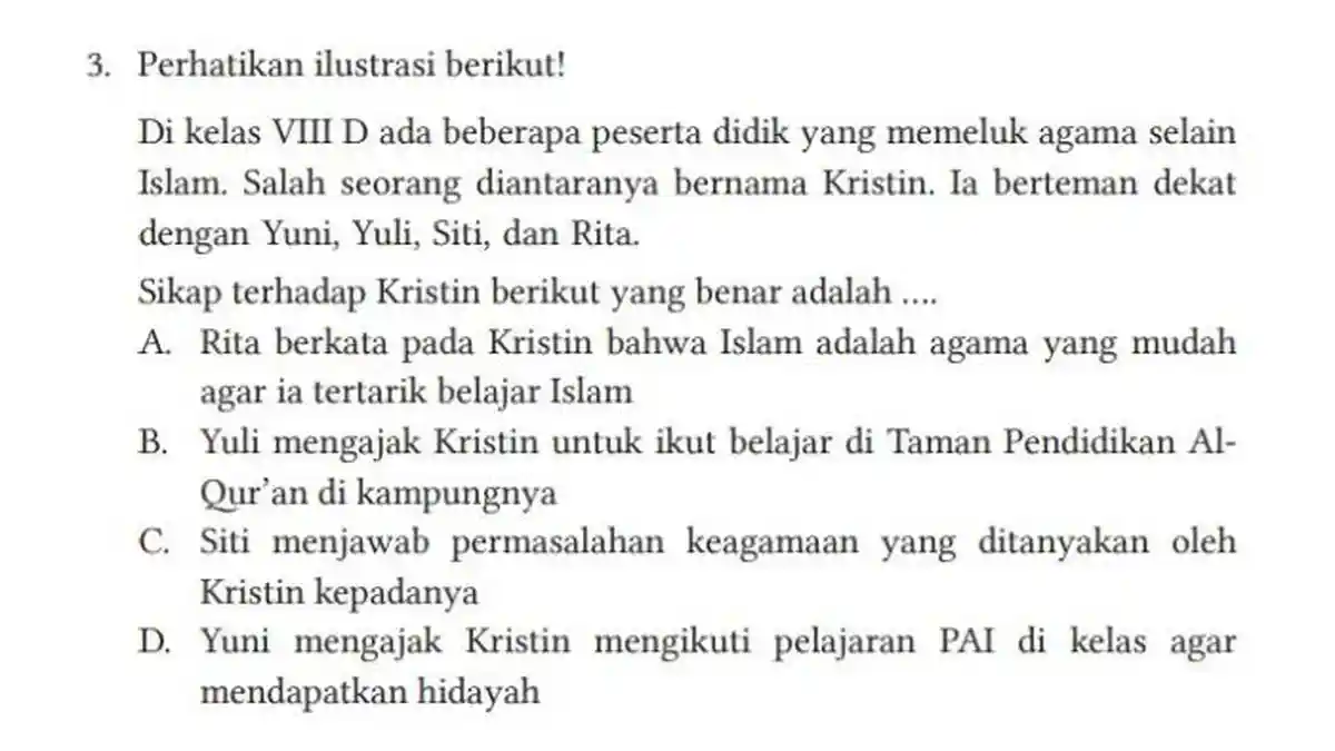 KUNCI JAWABAN PAI Kelas 8 Kurikulum Merdeka, Sikap Terhadap Kristin Berikut yang Benar adalah . .