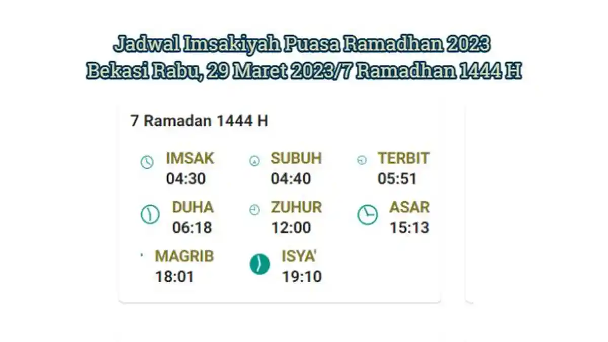 Jadwal Imsakiyah Puasa Ramadhan 2023 Bekasi Rabu, 29 Maret 2023