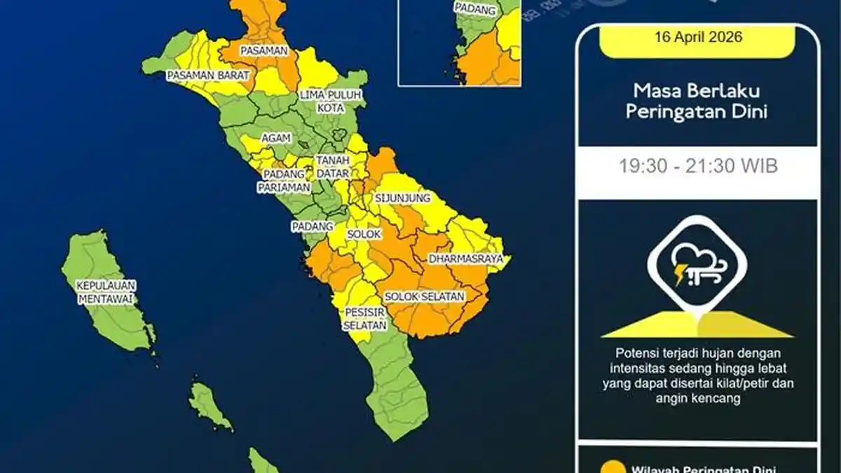 Waspada Hujan Lebat di Sumatera Barat hingga Pukul 21:30 WIB, BMKG Terbitkan Peringatan Dini
