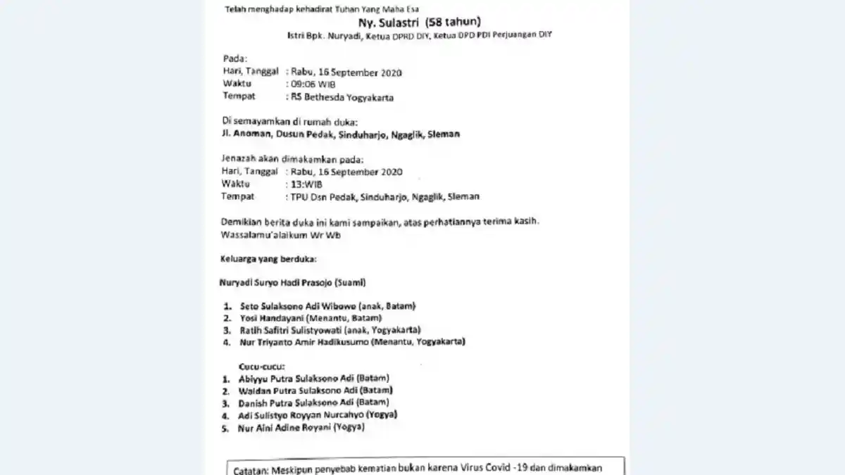 BREAKING NEWS : Istri Ketua DPRD DIY Meninggal Pagi Ini