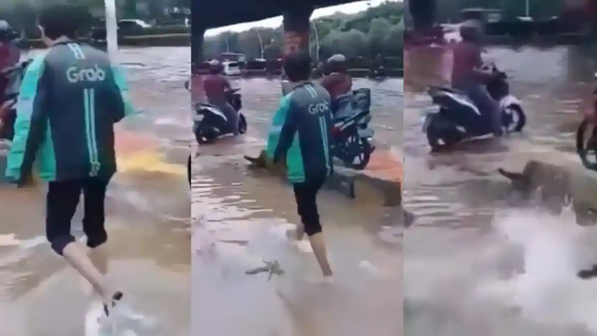 VIRAL Driver Ojek Online Tercebur Selokan Saat Banjir, Videonya Ditonton 2,1 Juta Kali