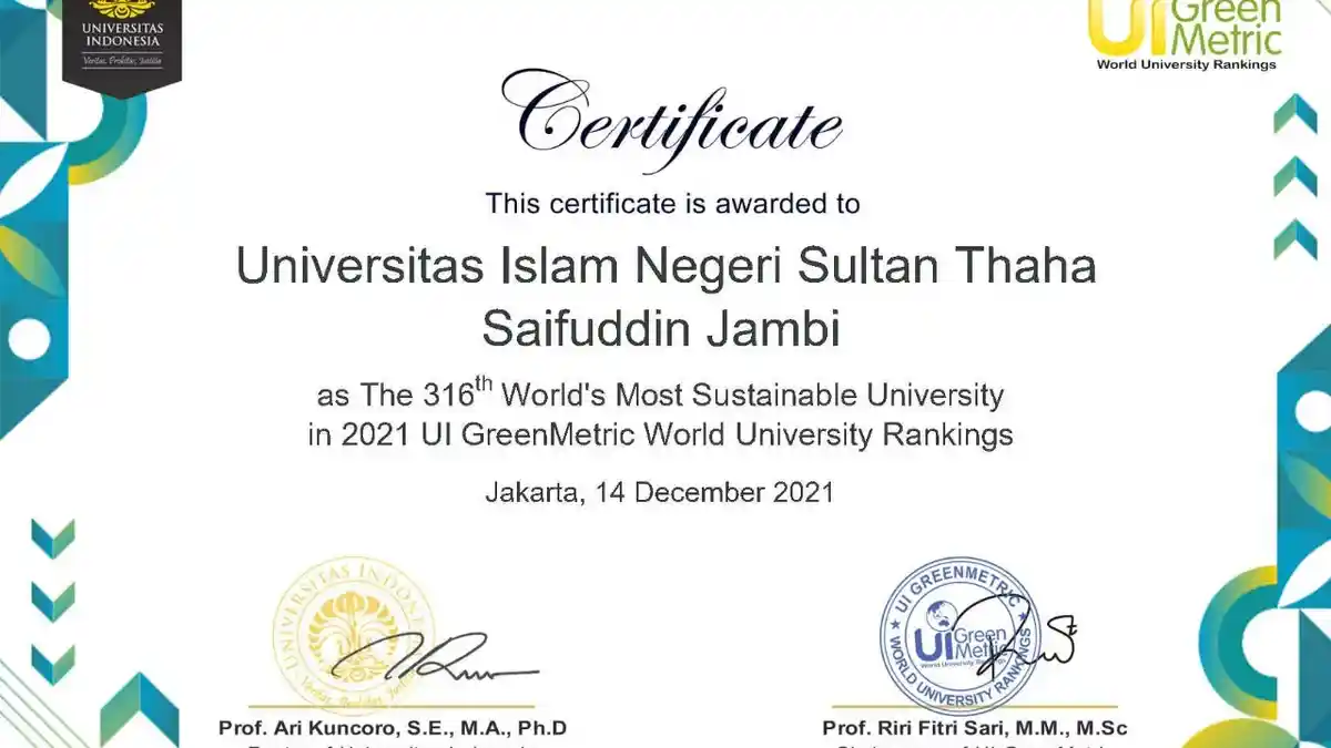 UIN STS Jambi Naik Peringkat di Perankingan Dunia UI GreenMetric World University Rankings
