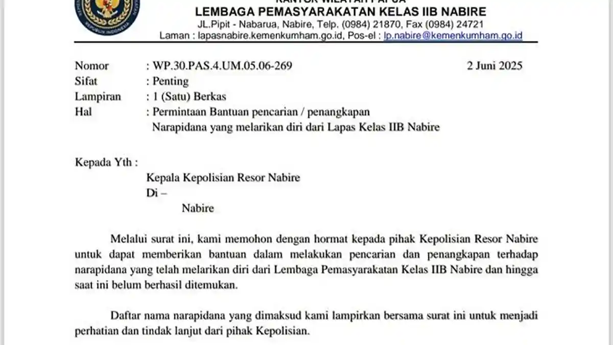 UPDATE-19 Napi Kabur dari Lapas Nabire Ditetapkan sebagai DPO, 11 Diduga Anggota KKB