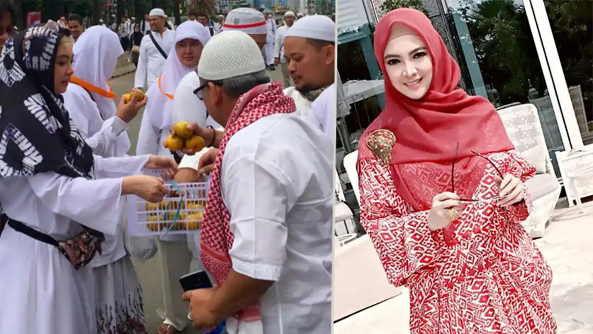 Artis Cantik Inggrid Kansil Bagikan Jeruk untuk Massa Aksi Super Damai di Monas