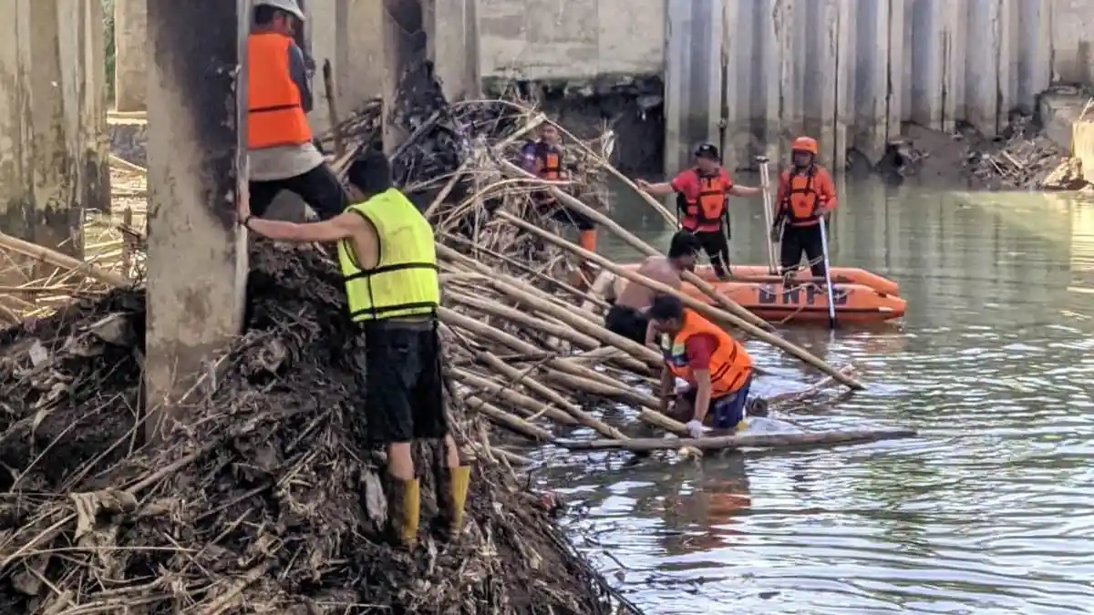 Mitigasi Hidrometeorologi, BPBD Trenggalek Bersihkan Material Bambu dari Kolong Jembatan Plengkung 