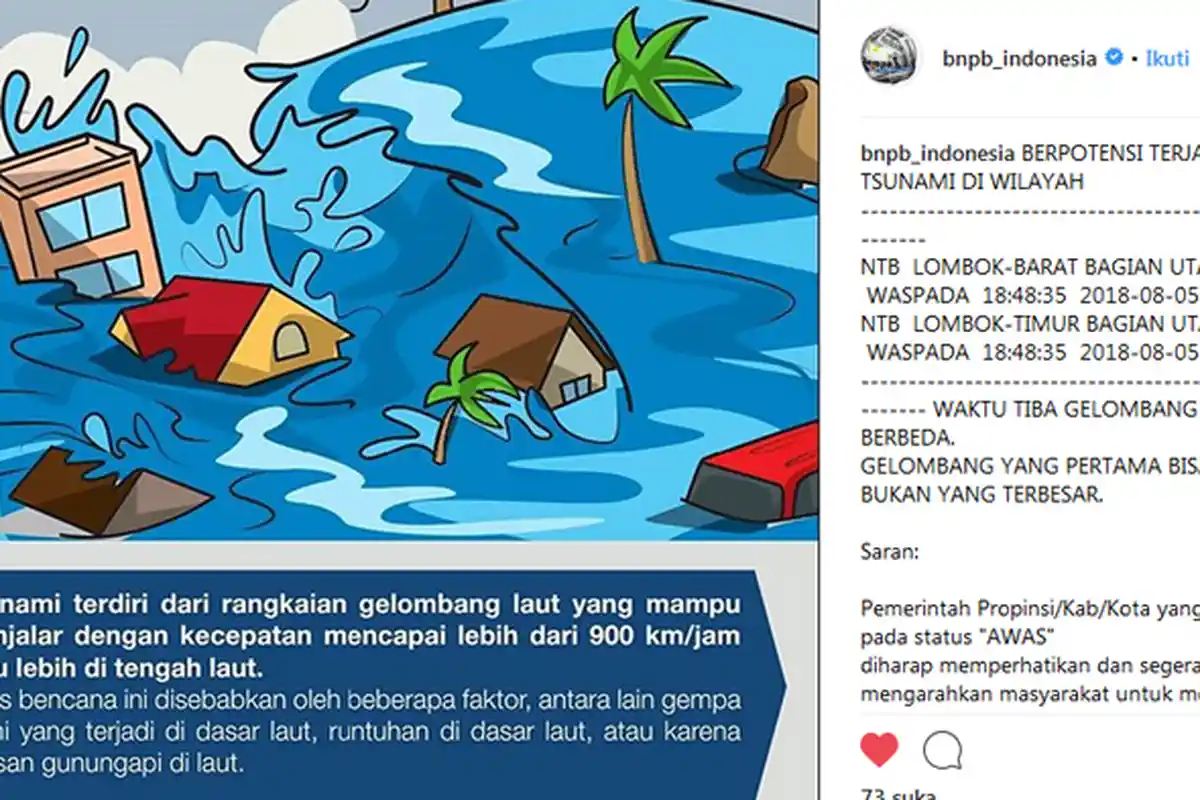 Gempa Lombok Berpotensi Tsunami, Ini Saran BNPB Indonesia