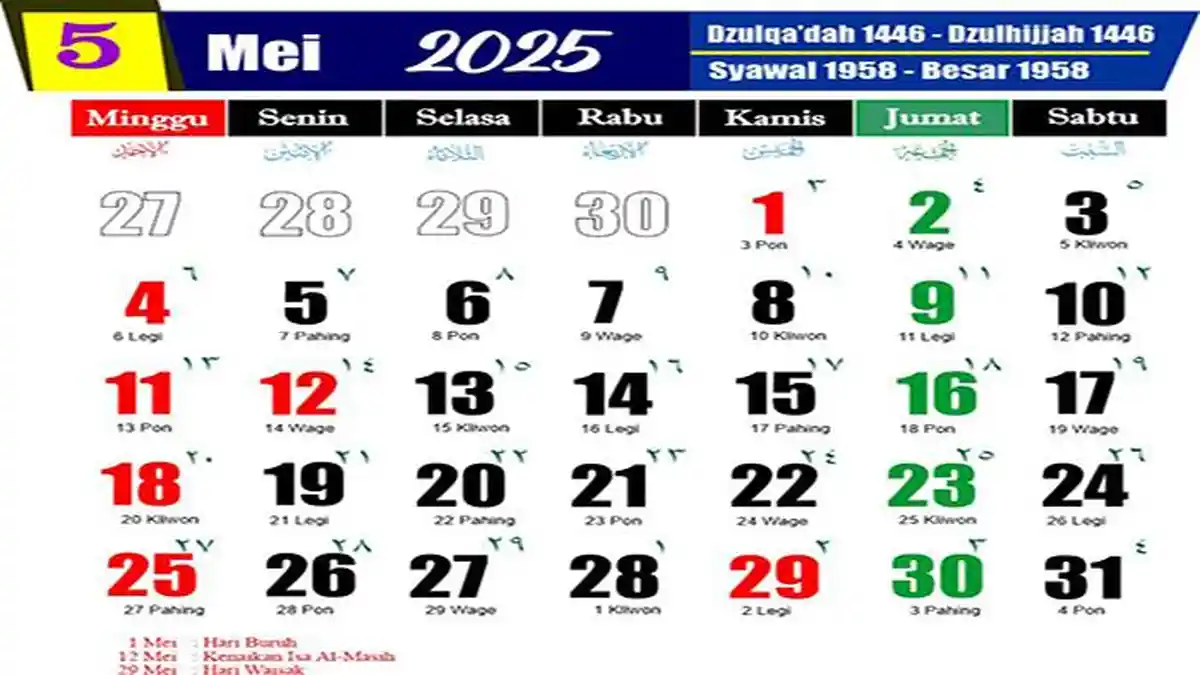DAFTAR Hari Besar Nasional dan Internasional Bulan Mei 2025, Ada Libur Nasional dan Cuti Bersama