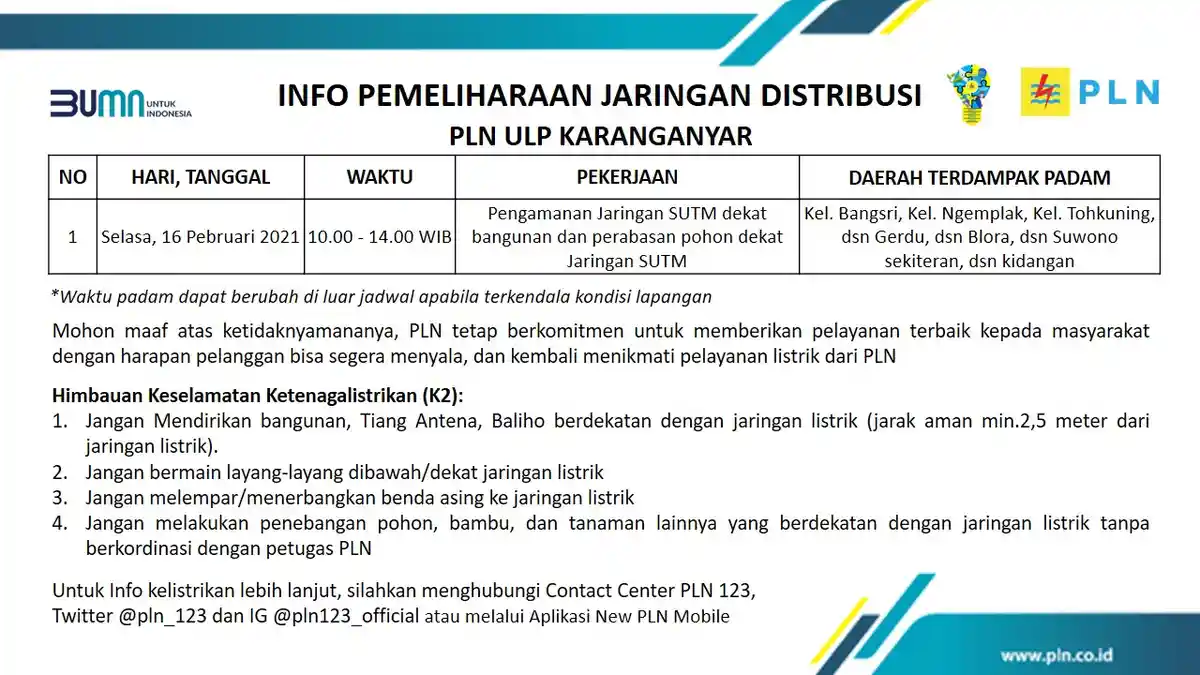 Info Pemeliharaan Jaringan Listrik PLN ULP Karanganyar Selasa 16 Februari 2021