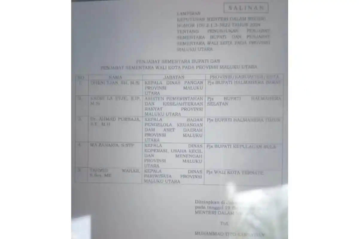 Mendagri Tetapkan Lima Pjs Kepala Daerah di Maluku Utara, Ini Daftarnya