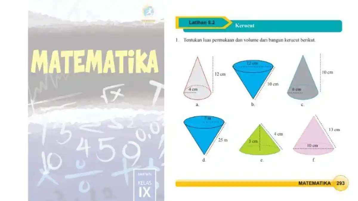 Kunci Jawaban Matematika Kelas 9 Halaman 293-296 Latihan 5.2 Kerucut