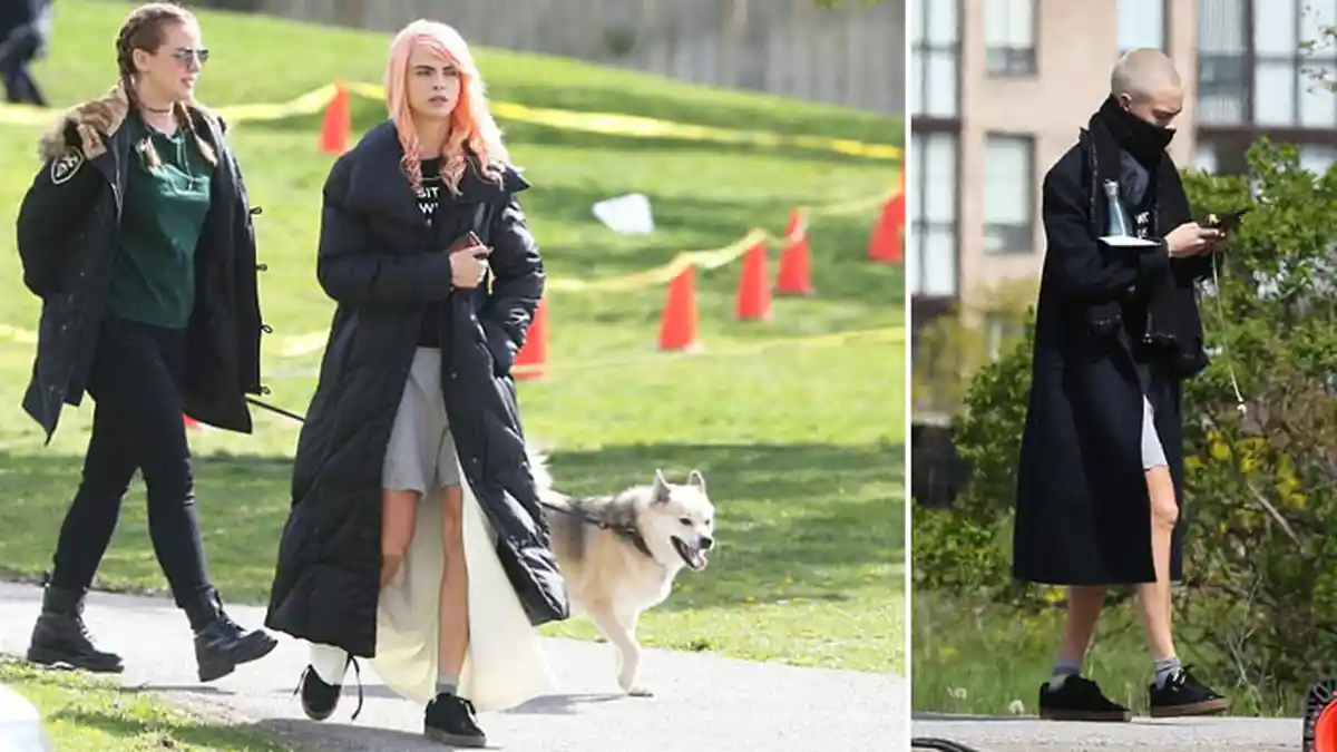 Di Sela-sela Syuting Cara Delevingne Lepas Wig Merah Muda dan Tampil Boyish dengan Kepala Plontos