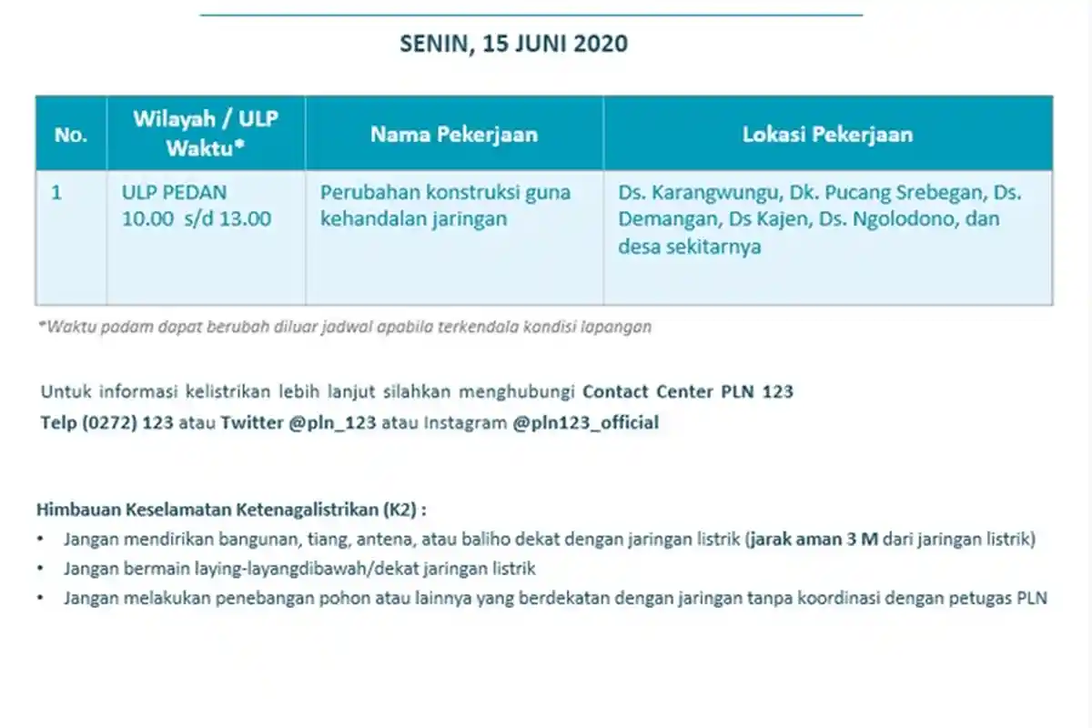 Info Pemeliharaan Jaringan Listrik Karangwungu PLN ULP Pedan Klaten, Senin 15 Juni
