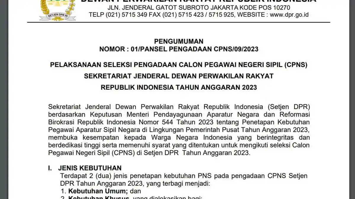 Formasi CPNS Sekretariat Jenderal DPR RI 2023 untuk Lulusan D3 D4 S1 dan S2 Beserta Rentang Gajinya
