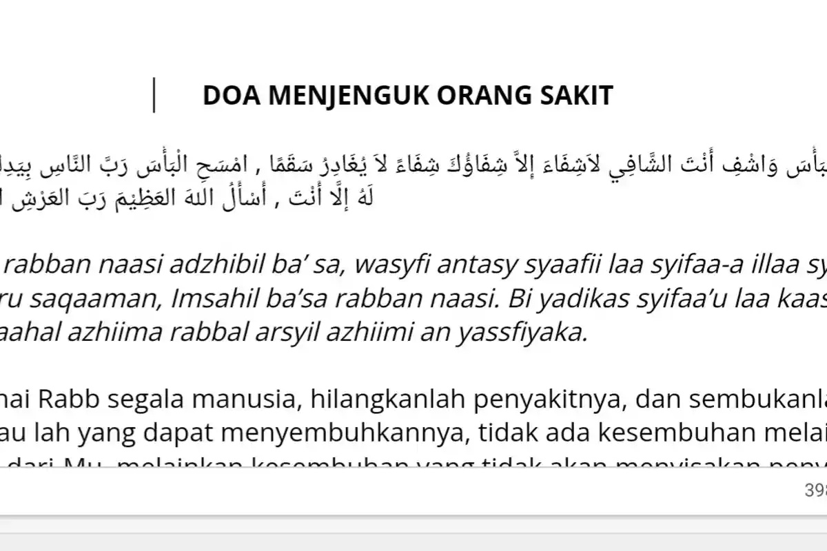 Doa Saat Menjenguk Orang Sakit , Lengkap Arab Latin dan Artinya
