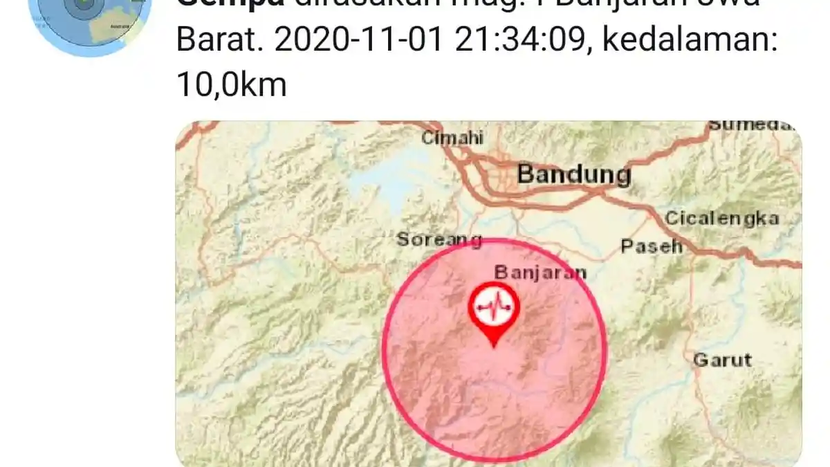 Dua Kali Gempa Bumi Tektonik di Bandung Tadi Malam Berasal dari Aktivitas Sesar Garsela