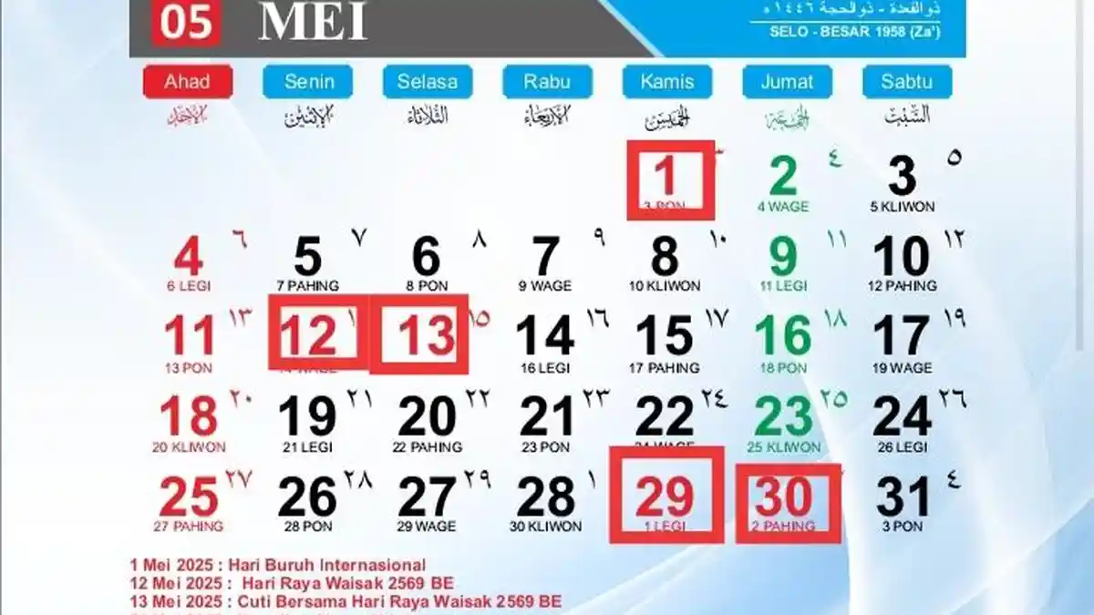 KALENDER 2025: Ayo Libur Panjang di Bulan Mei, Catat Tanggalnya dan Jangan Lewatkan 